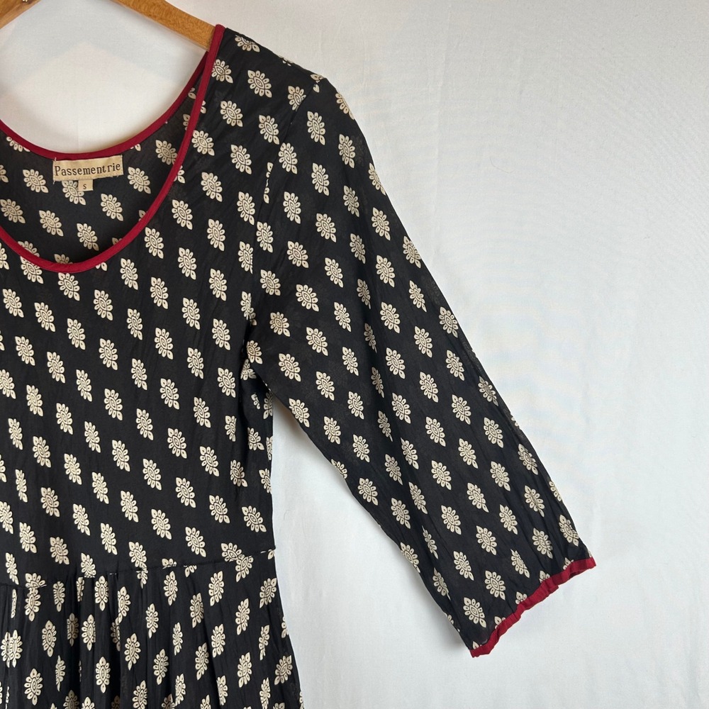Passementrie Womens Black Sante Fe Tiered Midi Dress 3/4 Sleeve Small Boho - Picture 6 of 9